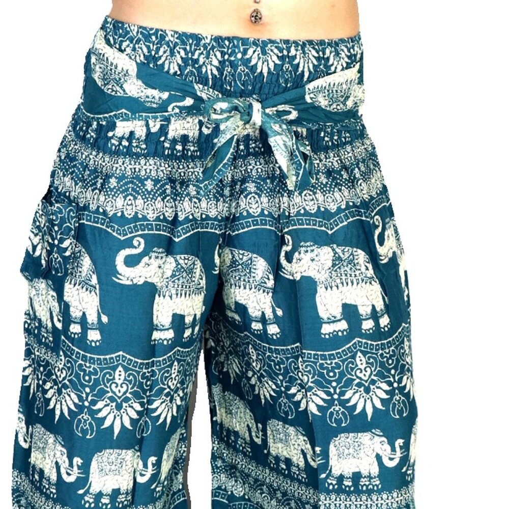 Imperial Elephant Wide Leg Hippie Boho Pants Teal
